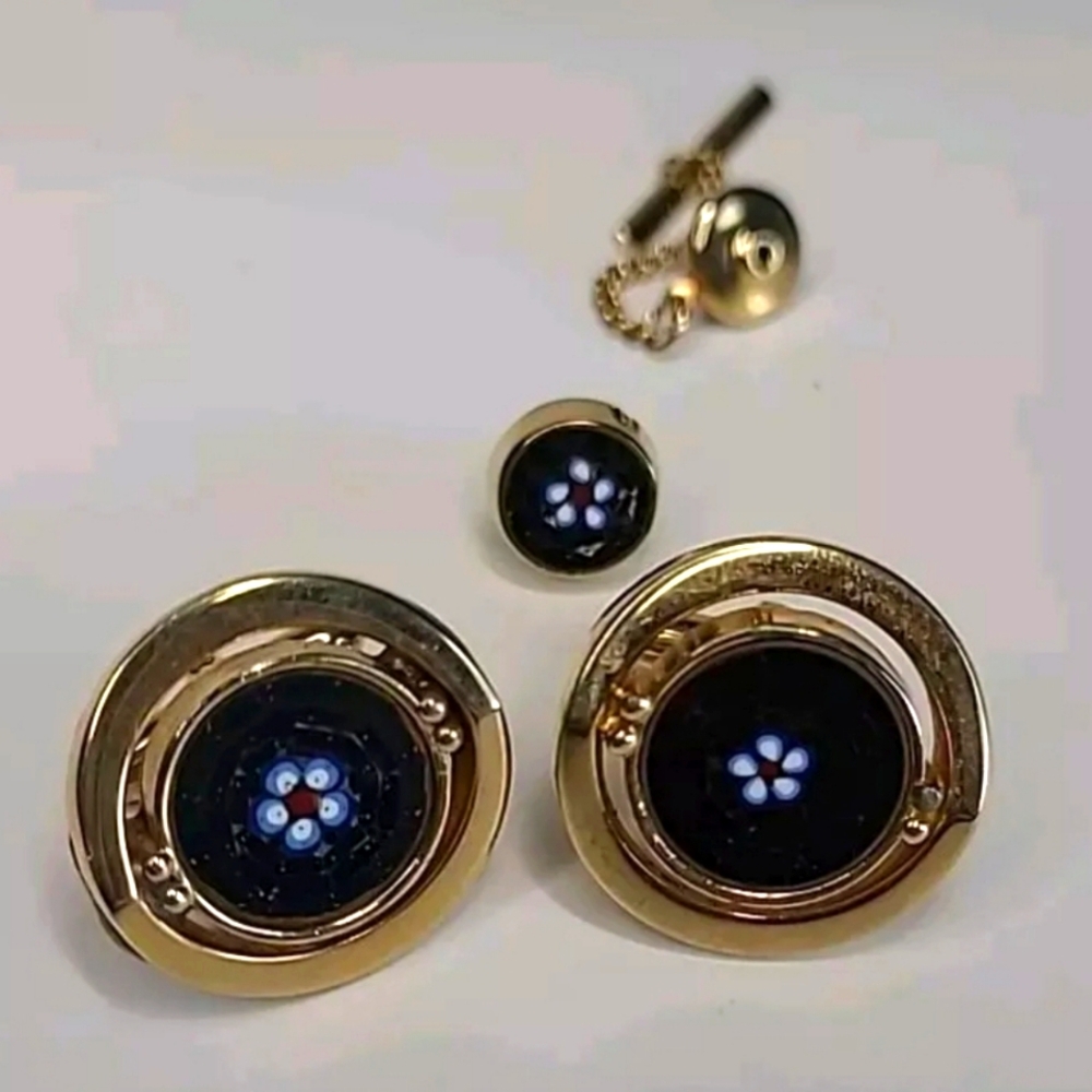 AntiqueVintage Rare Swank Micro Mosaic Pietra DuraSpider Web CufflinkTietack Pin
